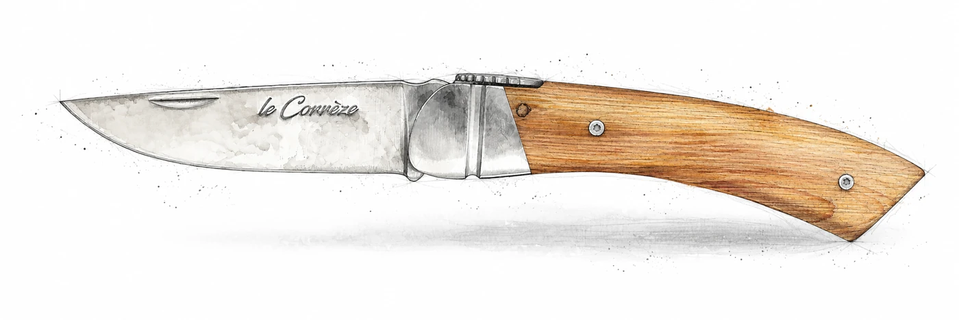 Illustration au trait et à l’aquarelle du couteau Le Corrèze, ouvert de profil.