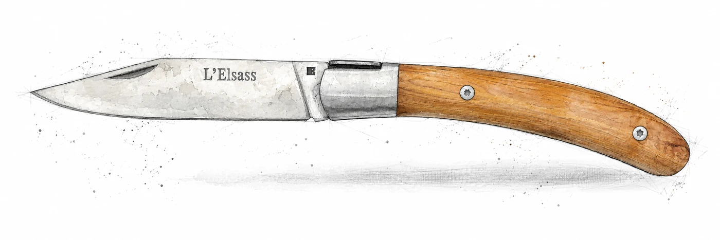 Illustration au trait et à l’aquarelle du couteau L’Elsass, ouvert de profil.