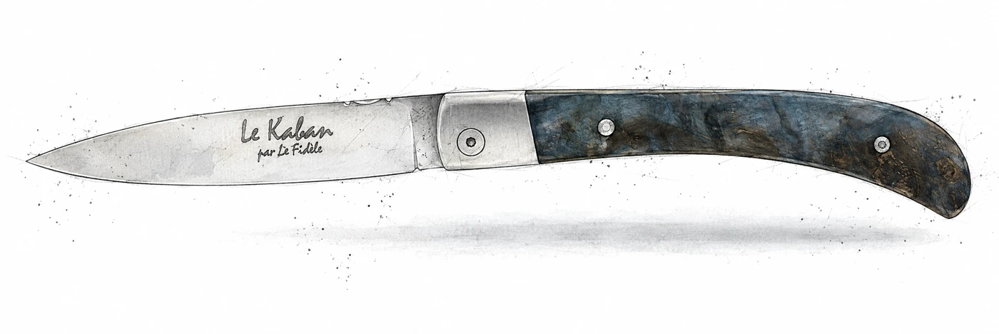 Illustration au trait et à l’aquarelle du couteau Le Kaban, ouvert de profil.