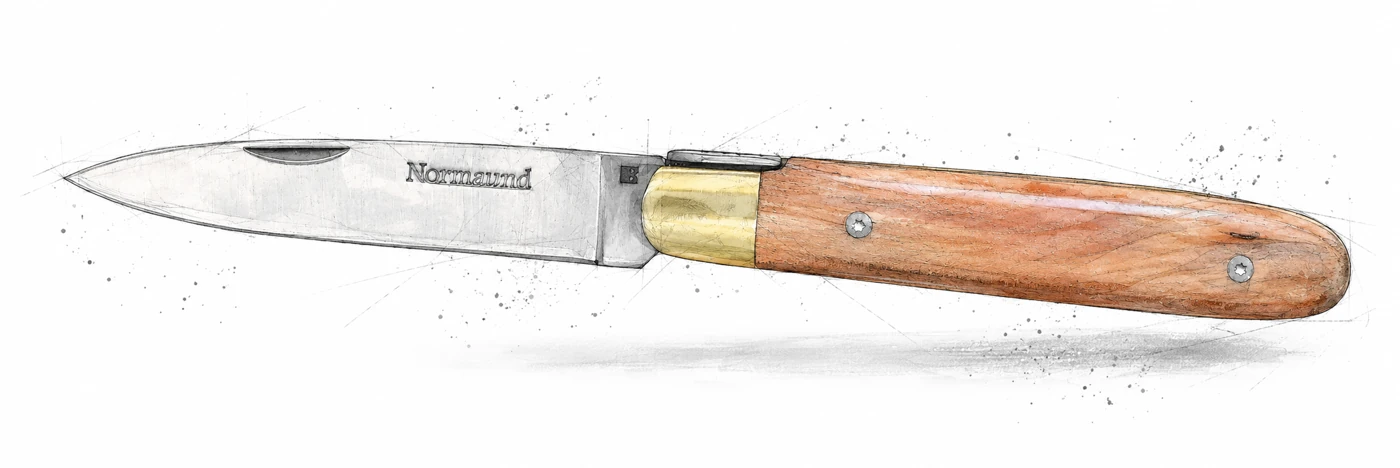 Illustration au trait et à l’aquarelle du couteau Le Normaund, ouvert de profil.