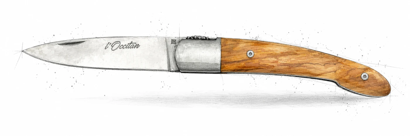Illustration au trait et à l’aquarelle du couteau L’Occitan, ouvert de profil.