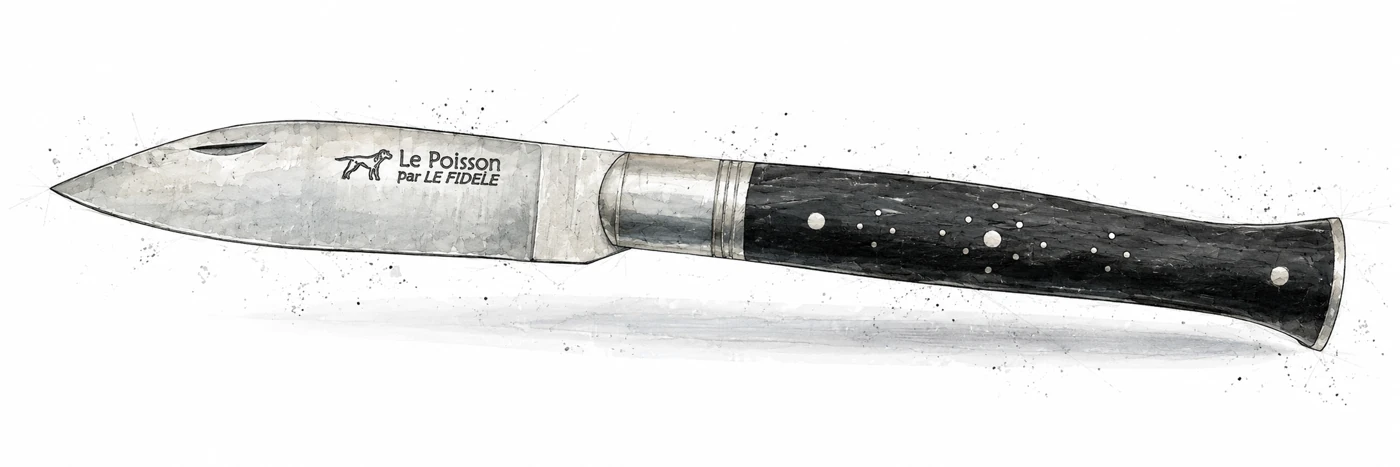 Illustration au trait et à l’aquarelle du couteau Le Poisson (Kenavo), ouvert de profil.