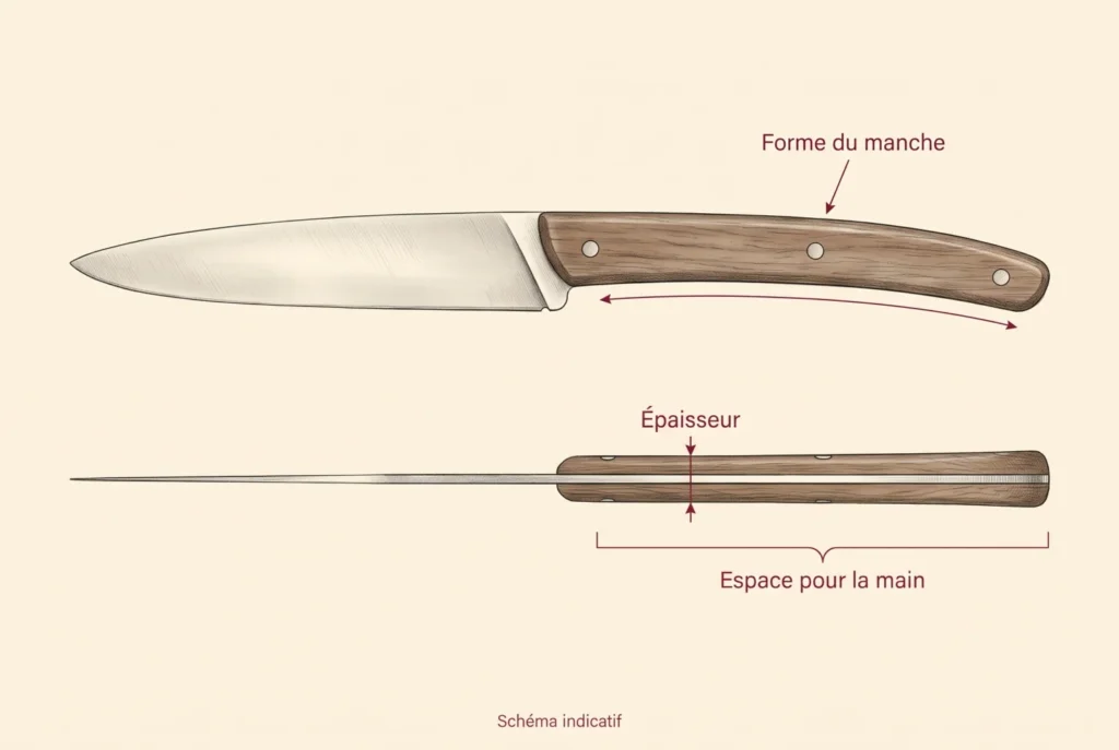 Deux vues schématiques d’un couteau de table : manche en bois fin et galbé de profil, puis épaisseur des plaquettes et longueur utile vues de dessus.