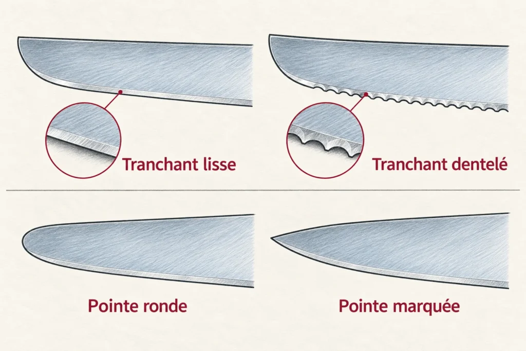 Deux types de tranchant, lisse et dentelé, puis deux formes de pointe, ronde et pointue, comparés séparément.