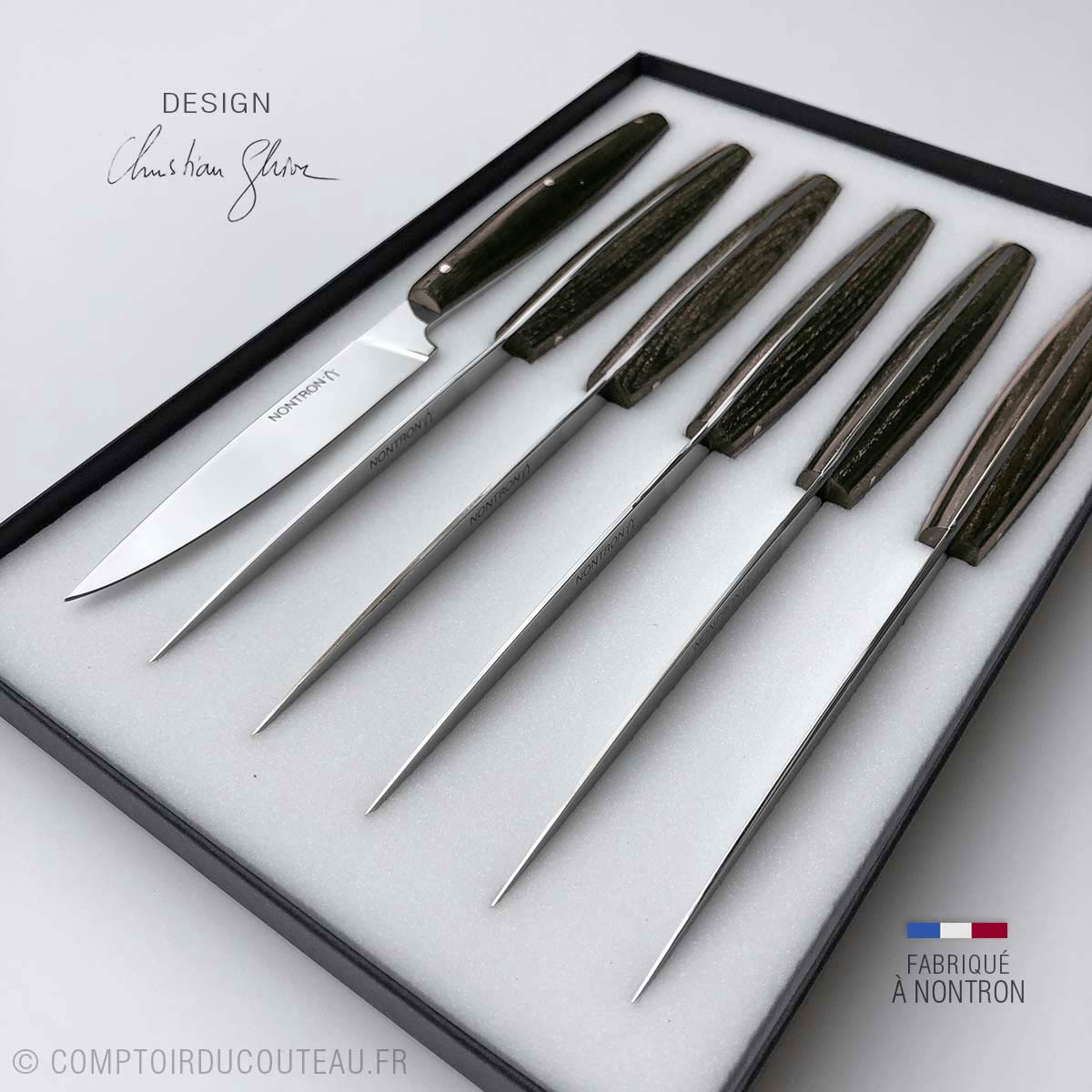 Coffret de 6 couteaux de table BASIC, Design Christian Ghion | frêne  densifié