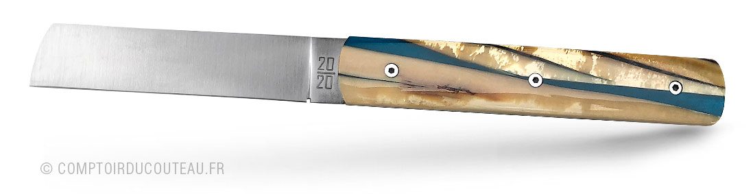 couteau le 20/20 manche mammouth résine bleue par le fidèle