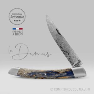 couteau le thiers par le fidèle - lame damas bois stabilisé bleu pièce unique