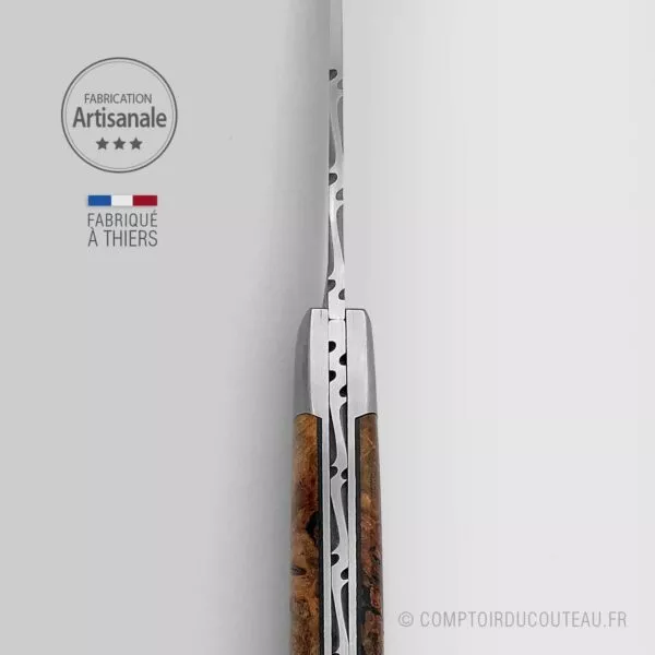 couteau le thiers manche en bois érable stabilise ressort et lame guilloches
