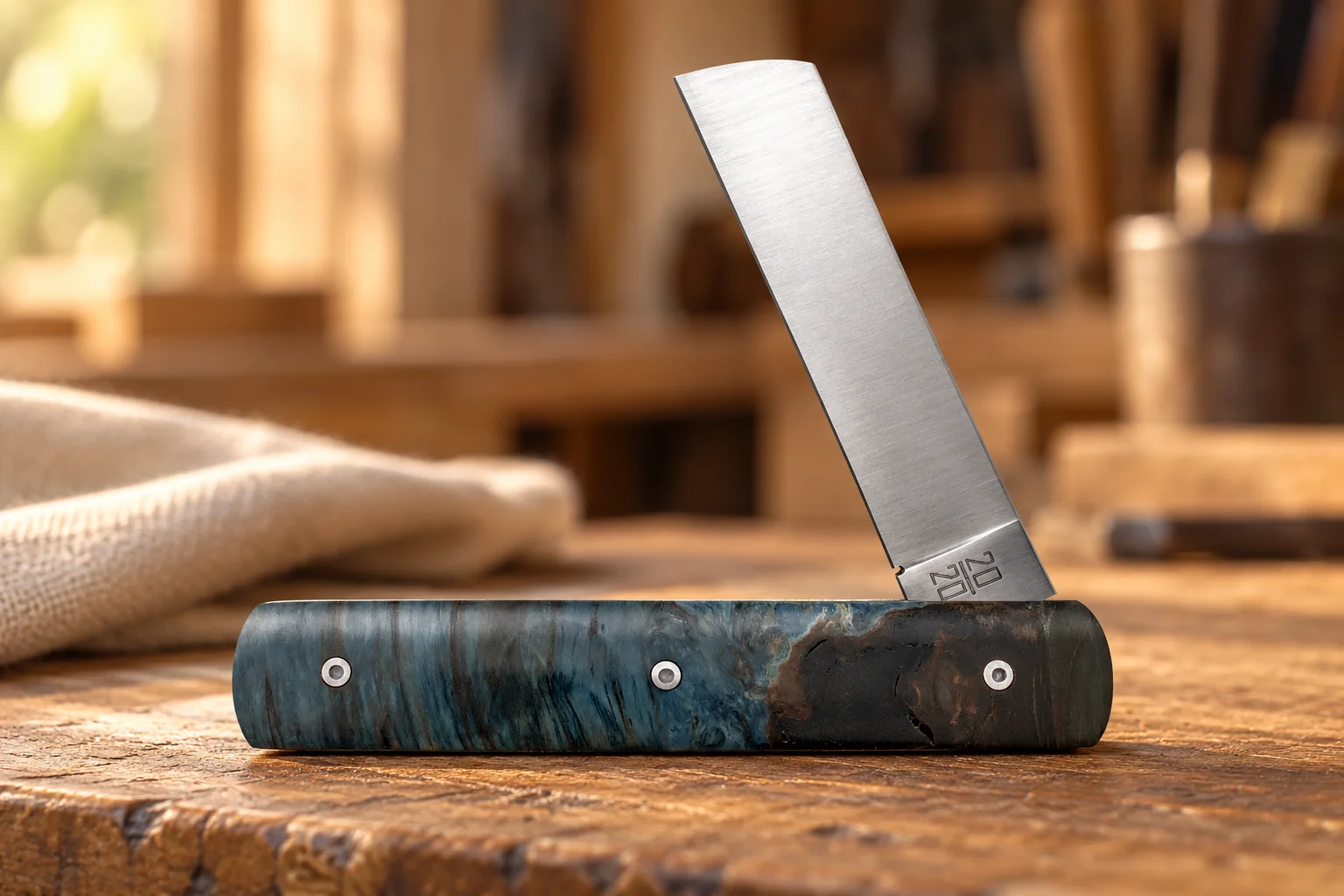 Couteau 20/20 à manche en marronnier stabilisé bleu, posé sur un établi en bois.