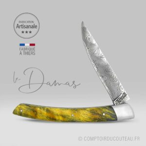 Couteau le Thiers Damas ressort guilloché bois de peuplier flammé stabilisé jaune