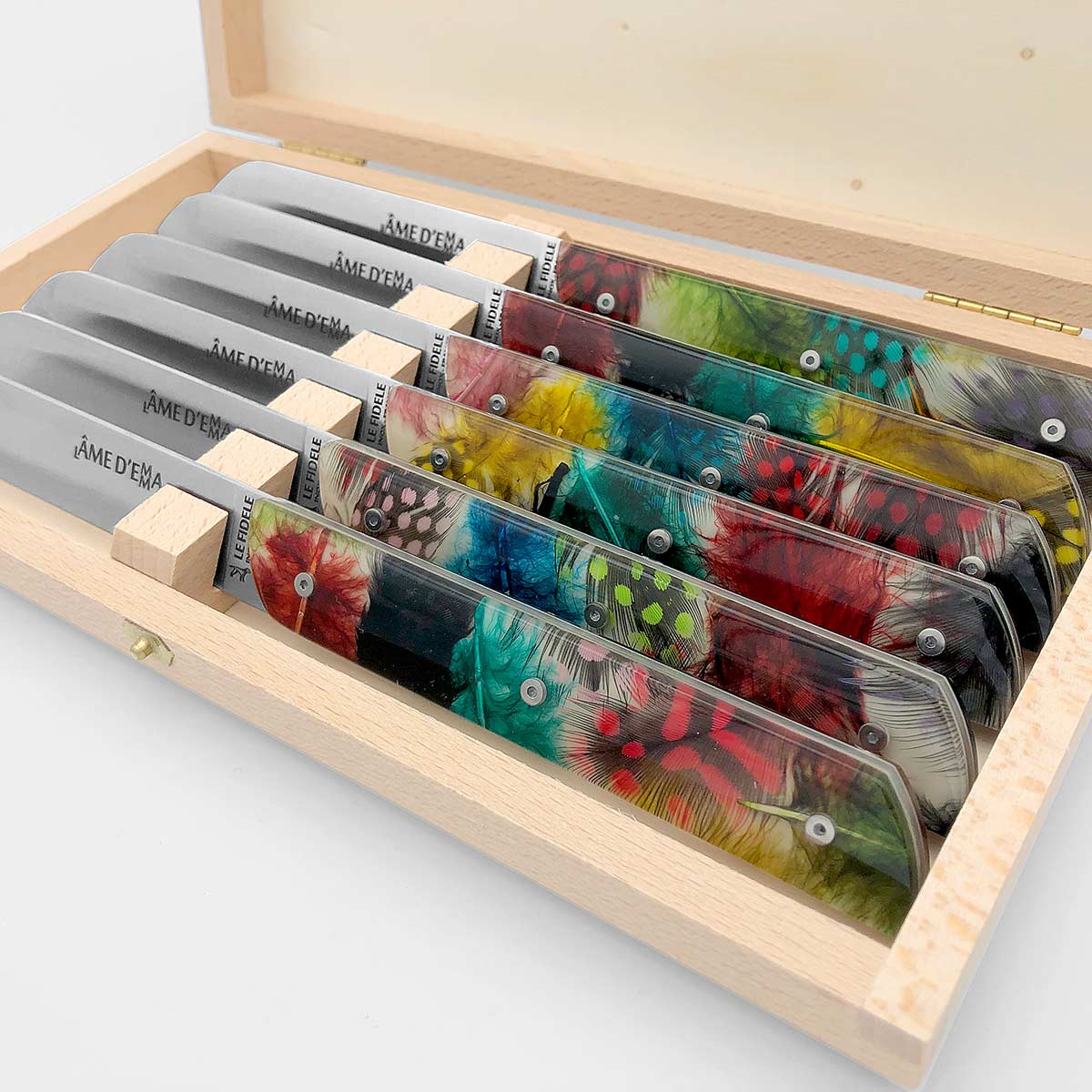 coffret 6 couteaux de table haute qualite fabriques thiers - l'âme d'Emma de table - plumes de pintade colorée