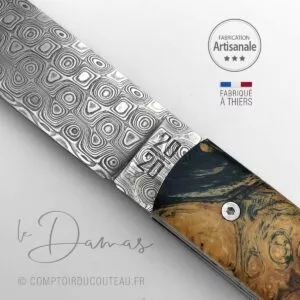 couteau DAMAS le 20/20 manche marronnier stabilisé le fidèle ressort guilloché main