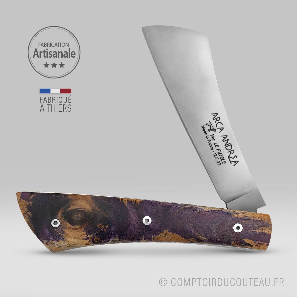 couteau Arca Andrea Manche en chêne stabilise Purple. Couteau contemporain de collection
