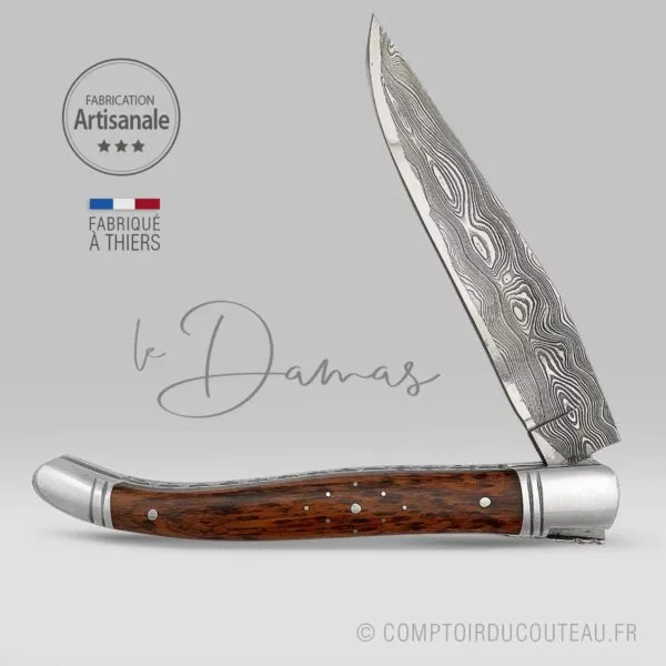 couteau laguiole bois amourette lame damas artisanale ressort et abeille forgés