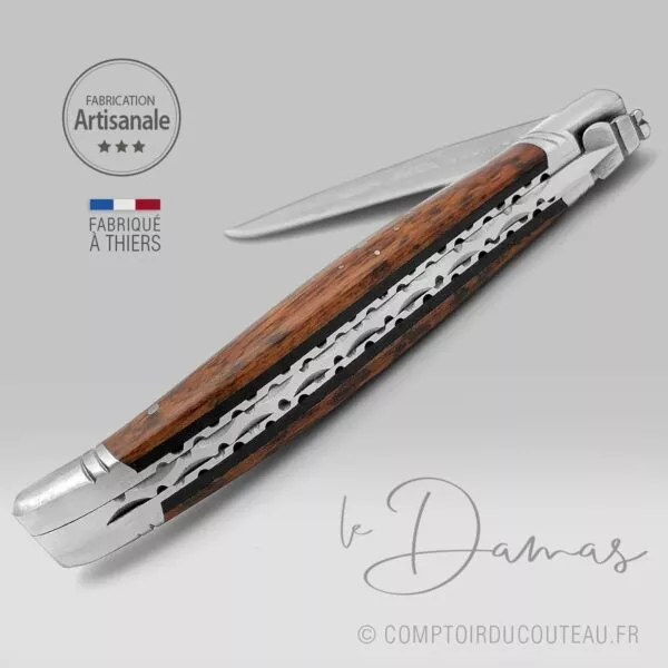 couteau laguiole bois amourette lame damas artisanale ressort et abeille forgés à la main