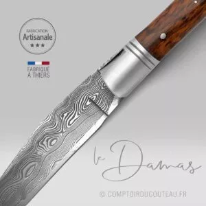 couteau laguiole bois amourette lame damas artisanale ressort et abeille forgés vue dessus