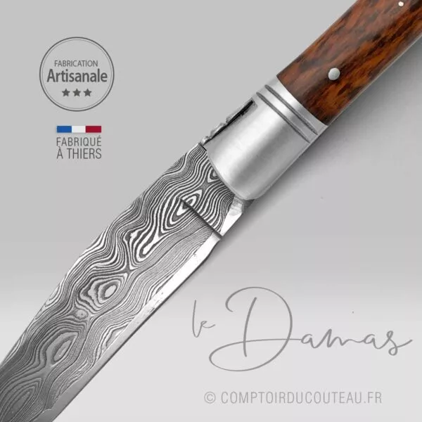 couteau laguiole bois amourette lame damas artisanale ressort et abeille forgés vue dessus