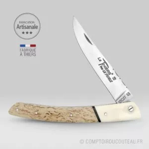 couteau le thiers bi-matières manche en bouleau de finlande et dent phacochère, lame et ressort guilloches
