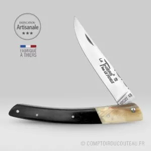 couteau le thiers bi-matières manche en ébène et dent phacochère, lame et ressort guilloches