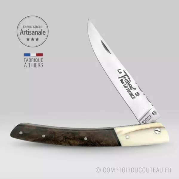 couteau le thiers bi-matières manche en noyer et dent phacochère, lame et ressort guilloches