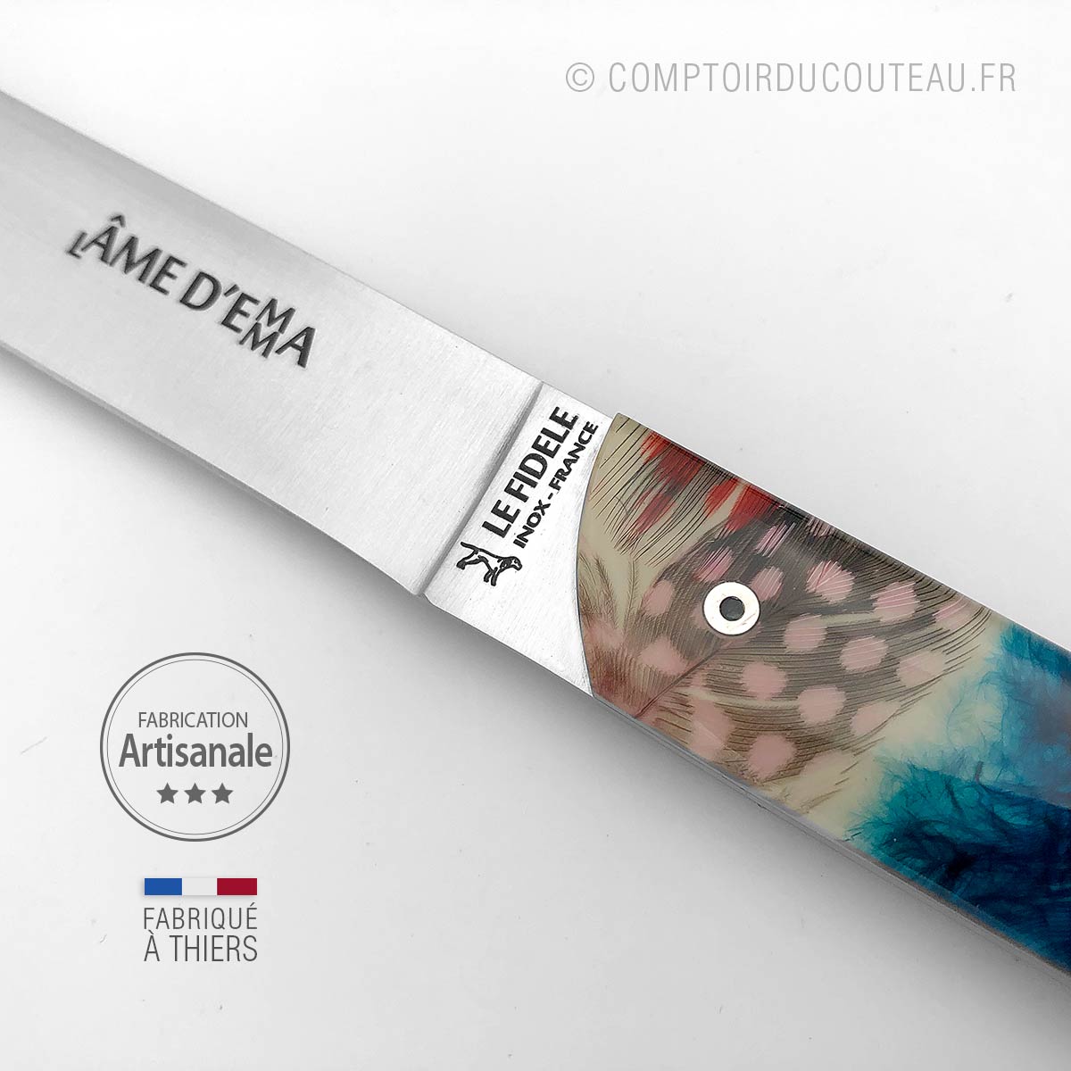 couteau table lame d'Emma Thiers - plumes pintades détail
