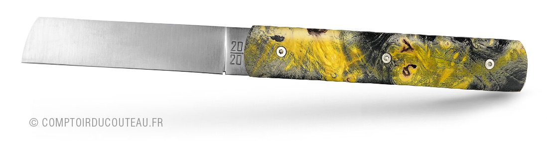 couteau pliant artisanal 20/20 bois stabilise jaune et noir
