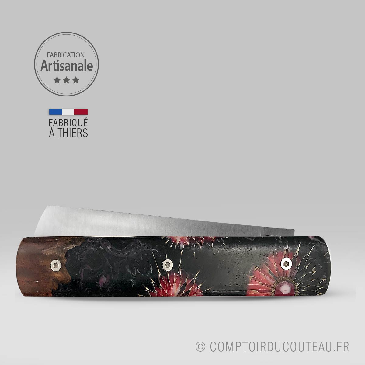 couteau de poche artisanal 20/20 bois stabilise et chardon noir et rose