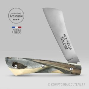 couteau arca andrea manche éclats d'ivoire de mammouth figés dans la résine grise metallisée - ouvert