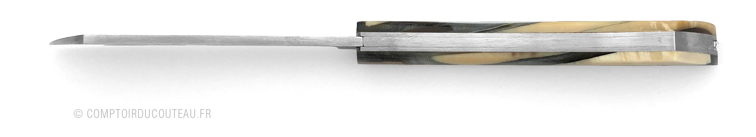 couteau arca andrea manche éclats d'ivoire de mammouth figés dans la résine grise metallisée - vue dessus