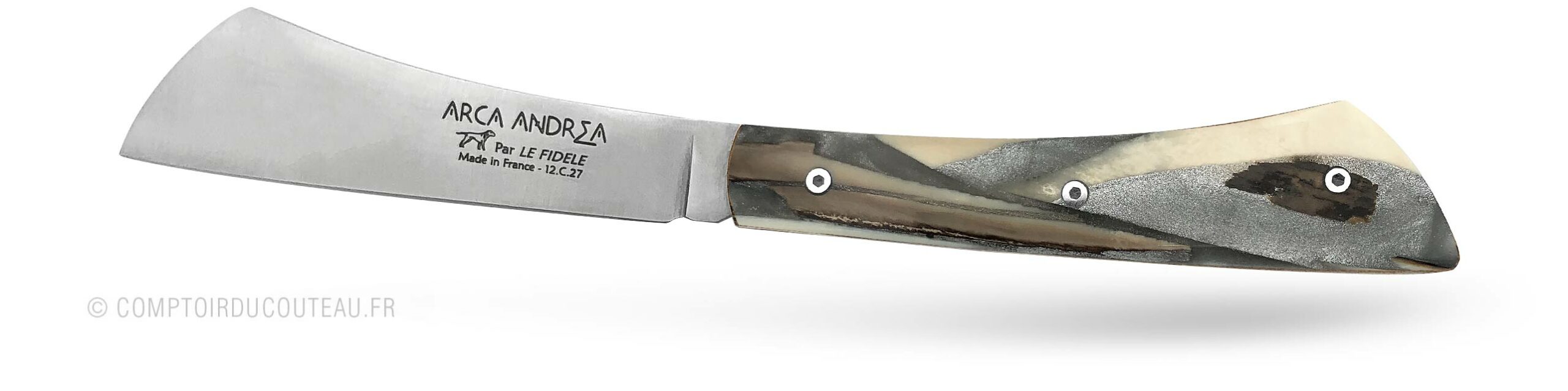 couteau arca andrea manche éclats d'ivoire de mammouth figés dans la résine grise metallisée - vue profil