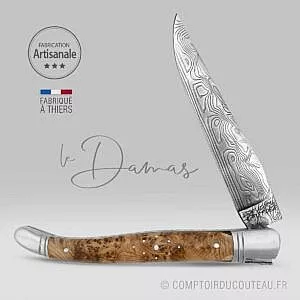couteau laguiole bois loupe genevrier lame damas vinland ressort et abeille forgés à la main ouvert