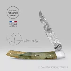 couteau le Thiers lame damas manche croûte de mammouth ressort guilloche ouvert