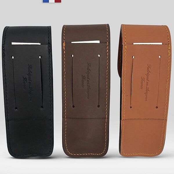 etui artisanal en cuir pour grand couteau pliant attache ceinture verticla- le randonneur prestige GM