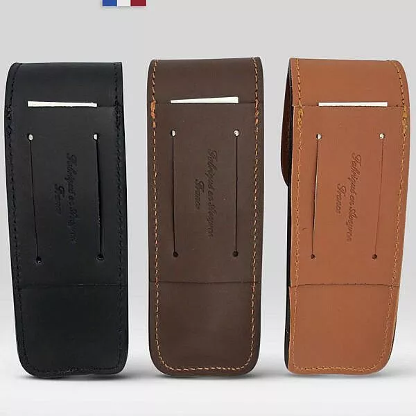 etui artisanal en cuir pour grand couteau pliant attache ceinture verticla- le randonneur prestige GM