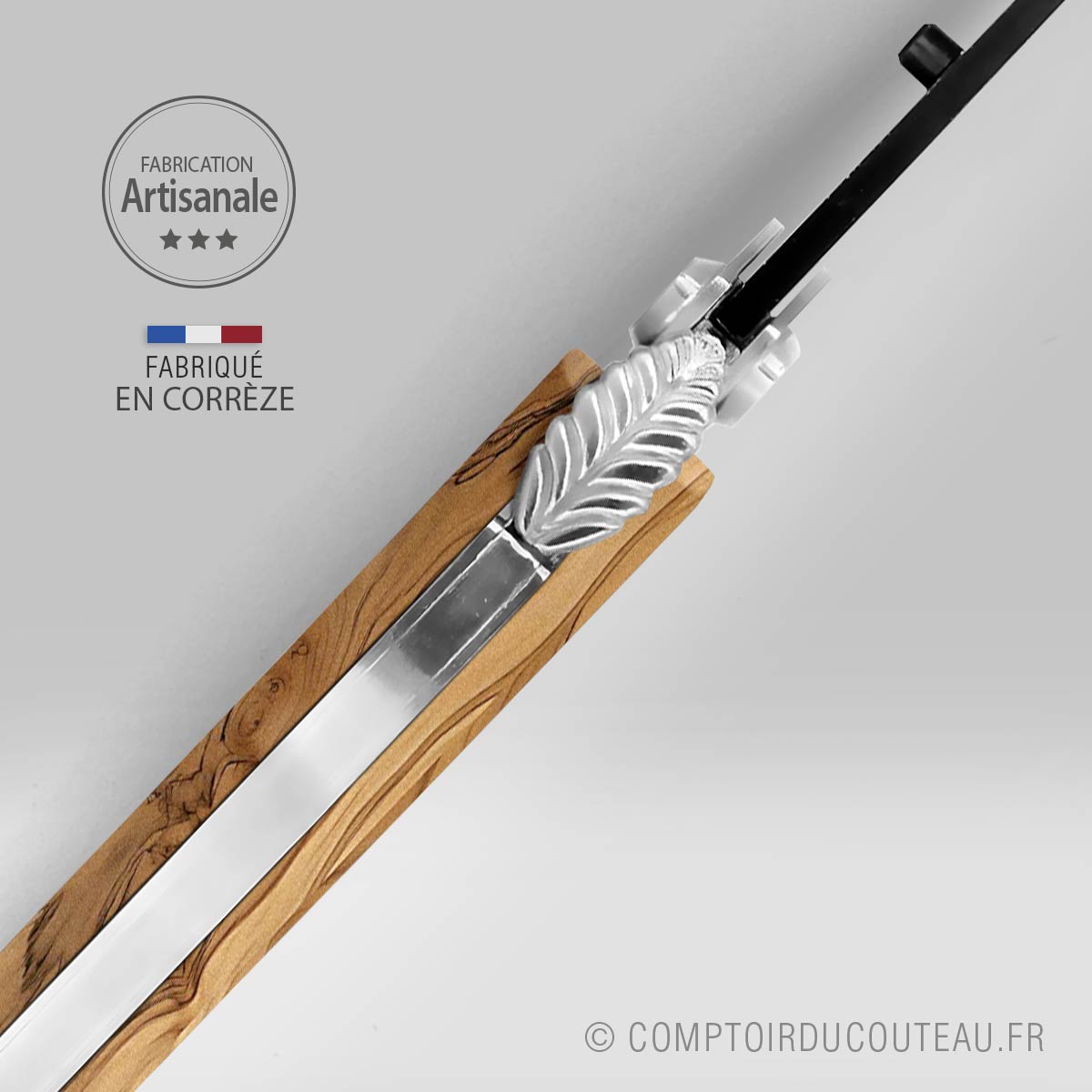 couteau-correze-liner-olivier-detail-mouche-feuille-chataigner