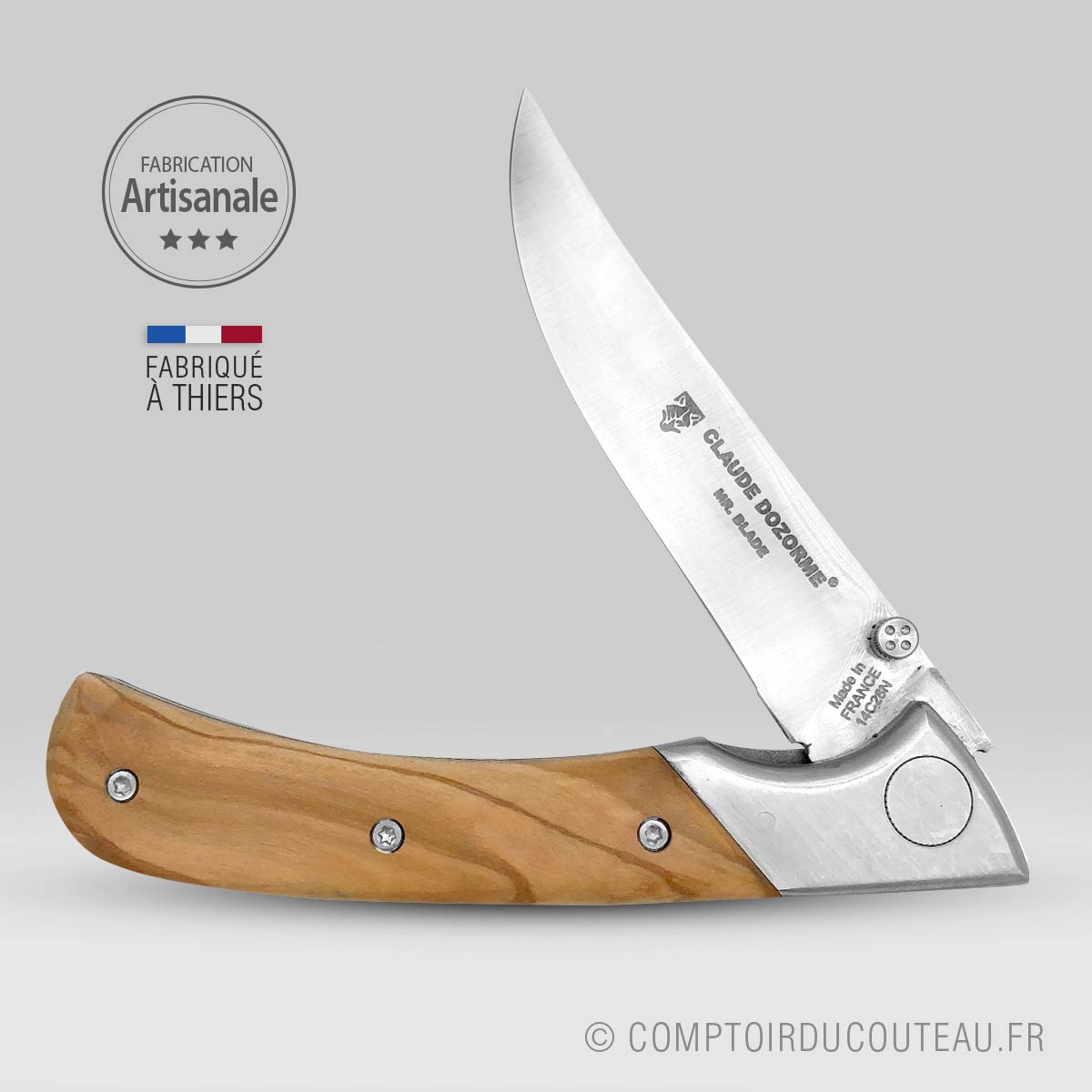 le couteau de chasse manche en bois de olivier par claude dozorme ouvert