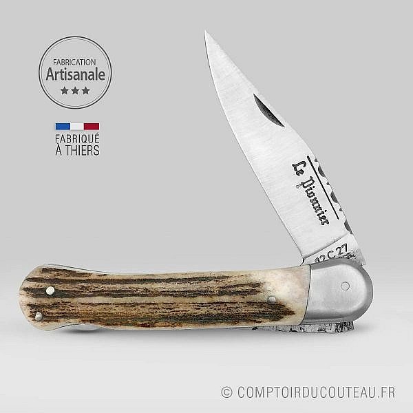 couteau de poche douris chastel Le Pionnier Chasse manche bois de cerf 11 cm ouvert