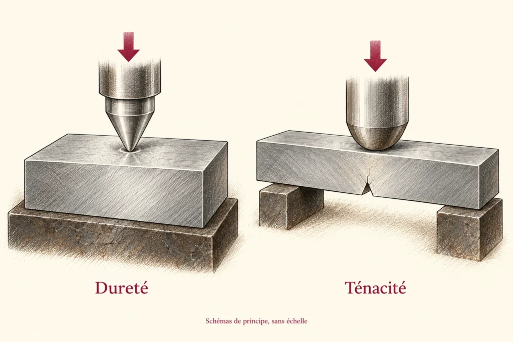 Deux dessins de principe distinguant une empreinte de pénétration pour la dureté et une éprouvette sollicitée pour la ténacité.