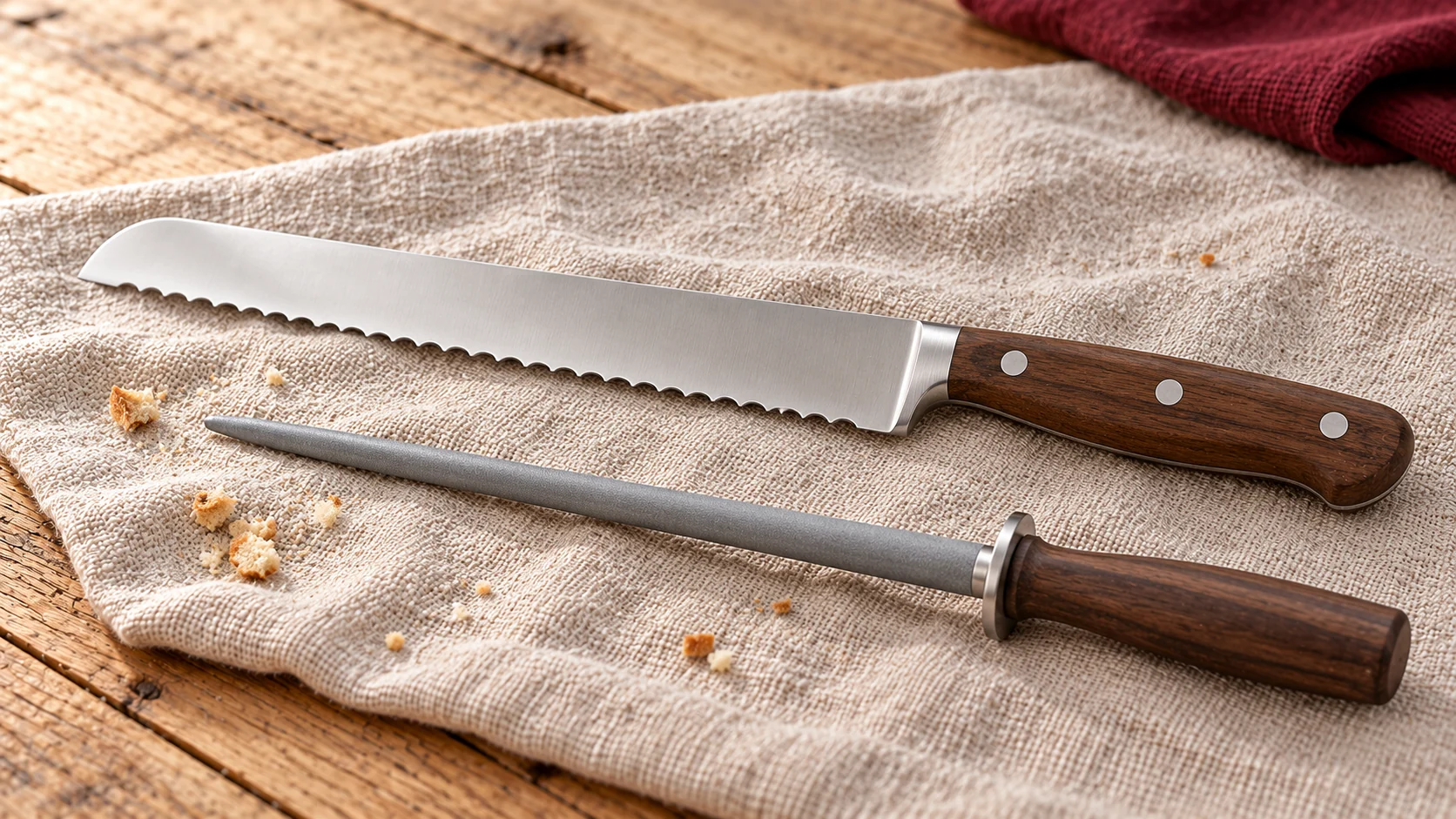 Couteau à pain dentelé à manche en bois et tige abrasive conique posés séparément sur un lin ivoire.