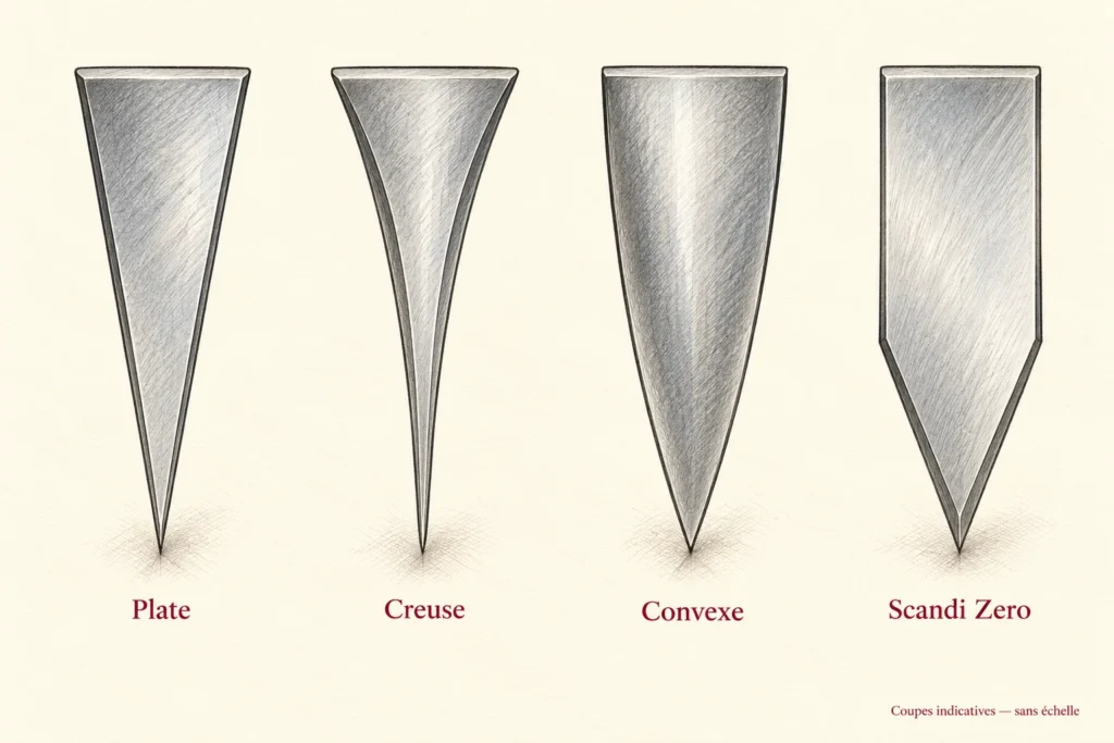 Quatre coupes de lame illustrées, de gauche à droite : émoutures plate, creuse, convexe et Scandi Zero.