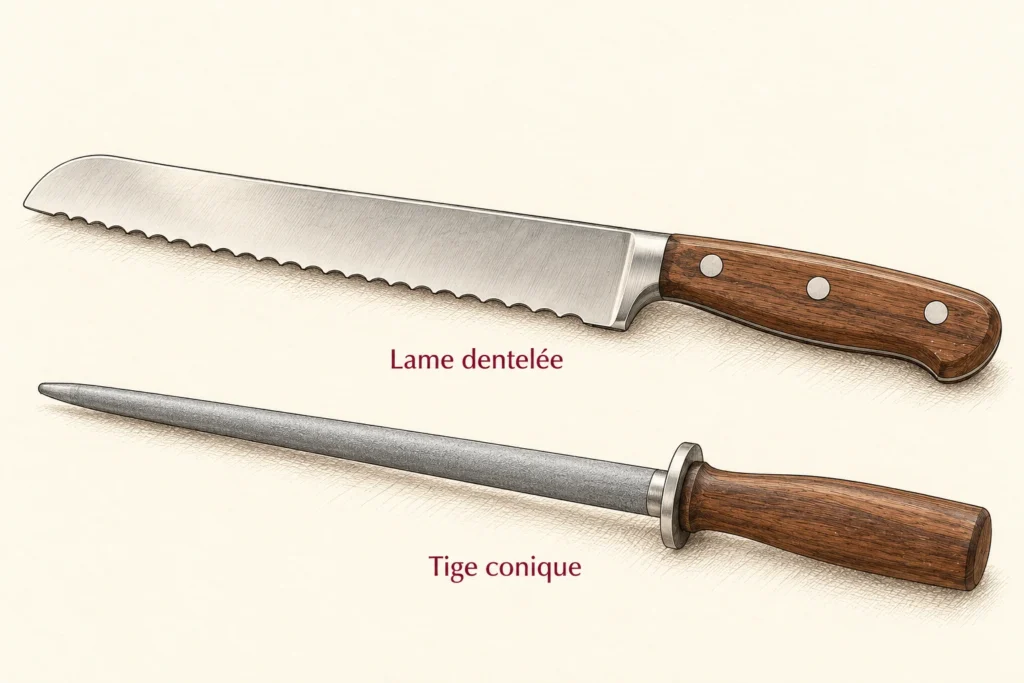 Dessin d’un couteau à pain à lame dentelée et d’une tige abrasive conique présentés séparément.