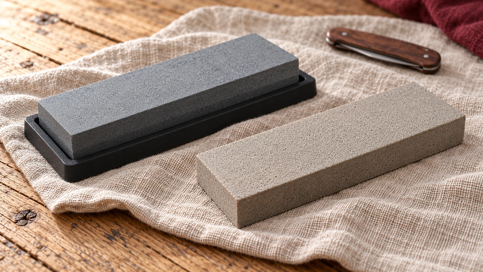 Deux pierres à aiguiser rectangulaires, grise et beige, avec un socle antidérapant et un couteau pliant fermé au second plan.