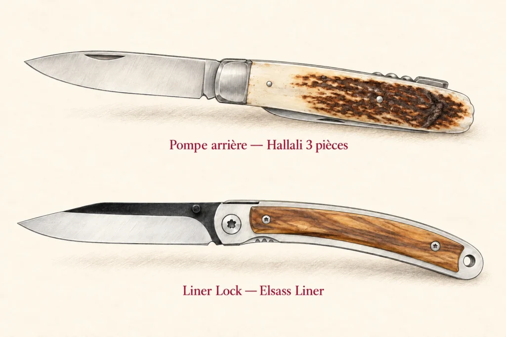 Dessin du Hallali 3 pièces à pompe arrière en haut et de l’Elsass Liner à liner lock en bas.