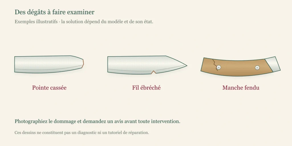 Trois exemples illustrés de dégâts à faire examiner : une pointe de lame cassée, une ébréchure sur le fil et un manche en bois fendu.