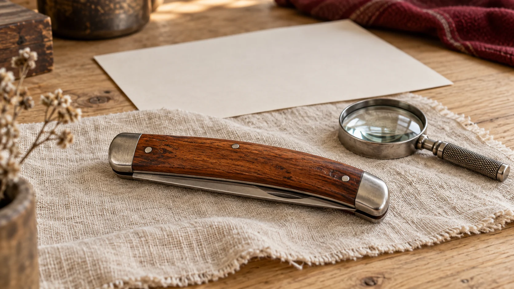 Couteau pliant fermé à manche en bois posé sur un lin ivoire, avec une petite loupe et une feuille vierge dans une ambiance d’atelier.