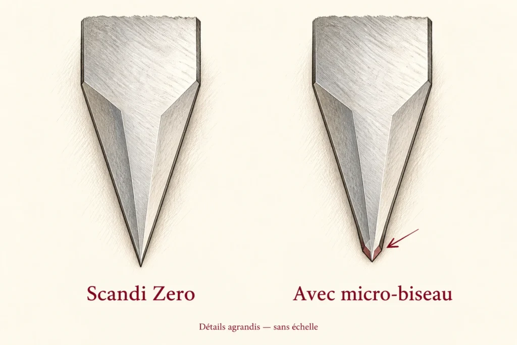 Dessin comparant un fil Scandi Zero à gauche et une petite facette terminale signalée à droite.