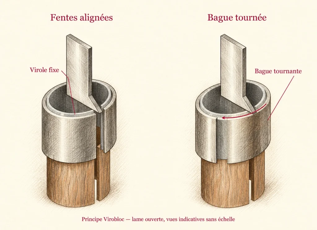 Schéma de principe du Virobloc, lame ouverte : fentes alignées puis bague extérieure tournée en appui sur la lame.
