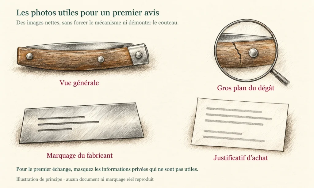 Quatre éléments illustrés pour une demande de réparation : vue générale du couteau, gros plan du dégât, marquage du fabricant et justificatif d’achat anonymisé.