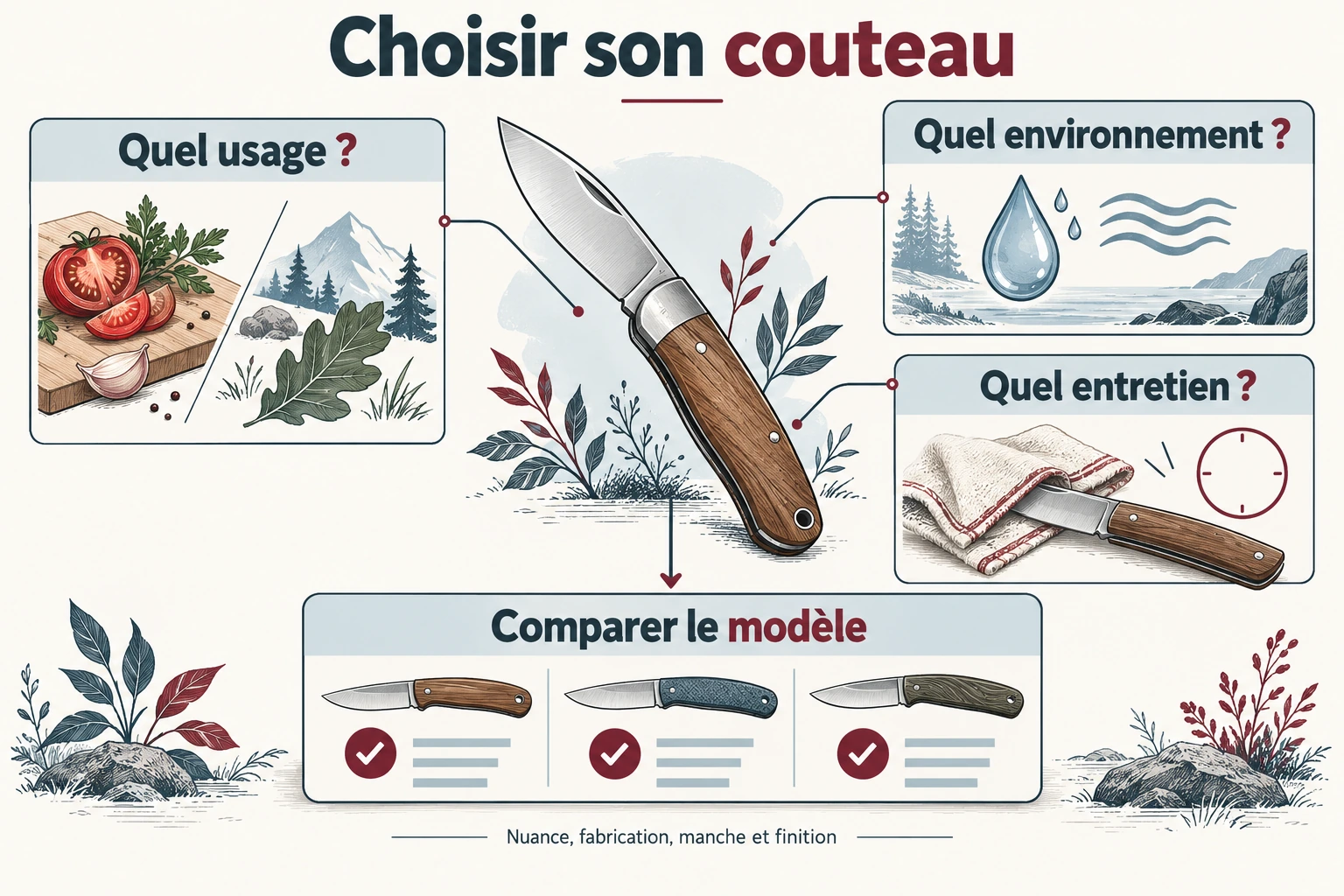 Pour choisir un couteau, considérer l’usage, l’environnement et l’entretien accepté, puis comparer les caractéristiques du modèle.