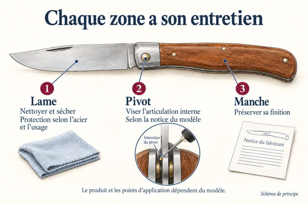 Trois zones d’entretien : lame à nettoyer et sécher, articulation interne du pivot à lubrifier selon notice, manche dont il faut préserver la finition.